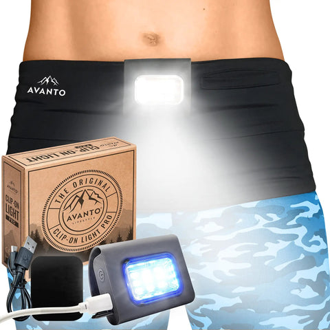 Magnetic Running Light 300 Lumen Rechargeable Clip On Safety Floodlight for Runners Night Walks, shown worn on waist