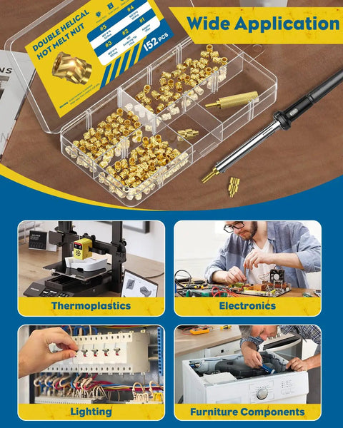 152 Piece M3 Heat Set Threaded Inserts For Plastic With Soldering Tip And Adapter Brass Knurled Nut Inserts Kit Box