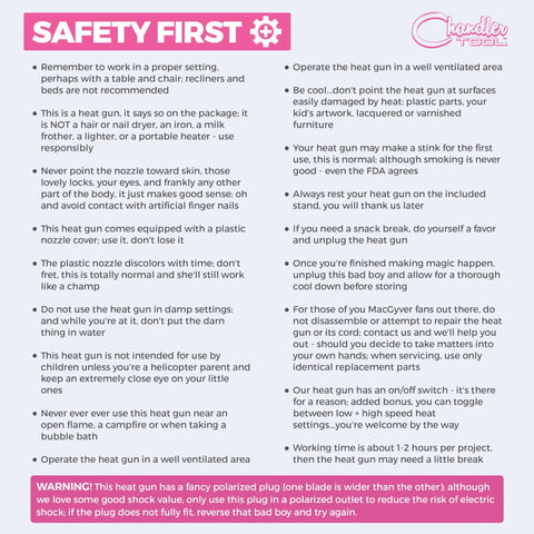 Safety instructions for Mini Dual Temp Heat Gun For Crafting With Variable Speed And Heat Dope Power, pink and black, Chandler Tool.