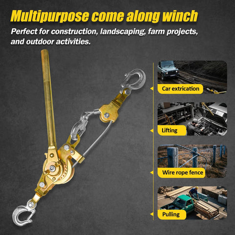 SENKEYFE come-along winch puller, 3T capacity, 10 ft cable, gold metal finish, dual hooks.