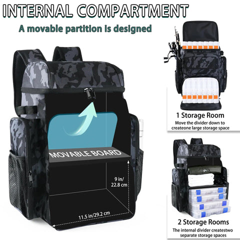 Heavy Duty Fishing Tackle Backpack With Rod Holders And 45L Large Capacity Gear Bag showing internal compartments and camouflage design.