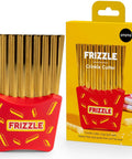 Front view: Frizzle Crinkle Fry Cutter by OTOTO with red handle and gold blades, alongside yellow packaging.
