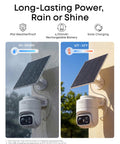 Wireless Solar Outdoor Security Camera With 2K HD Video And 360 Pan Tilt AI Auto Tracking mounted with solar panel in rain and sun.