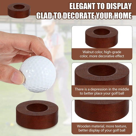 Hand holding a wooden golf ball display stand for desk with 2 inch ball holder, showcasing walnut finish and texture details.