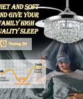 36 Inch Invisible Ceiling Fan Chandelier With Retractable ABS Blades Remote Control Modern Crystal Design in bedroom scene