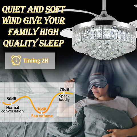 36 Inch Invisible Ceiling Fan Chandelier With Retractable ABS Blades Remote Control Modern Crystal Design in bedroom scene