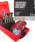 Carbide burr die grinder bit set, 8 pieces with 1/4 in shank, in red case; includes 2 mandrels and 4 cut-off wheels