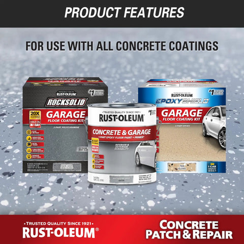 Rust-Oleum concrete patch and repair kit with garage floor coating options for indoor and outdoor use, gray color, 24 oz