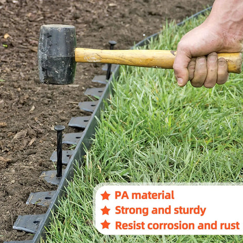 Heavy Duty 8 Inch Landscape Edging Stakes Set Of 60 for paver edging being hammered into soil with mallet