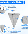 Pyramid sinker from 77 Piece Fishing Weights Sinkers Kit With Split Shot Bullet Pyramid Egg And Drop Shot Weights Assorted Sinker Set In One Sixteenth One Eighth Three Sixteenths One Quarter Three Eighths One Ounce For Freshwater Saltwater Surf Fishing Bass Catfish with smooth ring and clear weight labels.