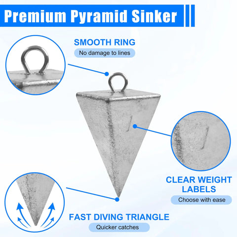 Pyramid sinker from 77 Piece Fishing Weights Sinkers Kit With Split Shot Bullet Pyramid Egg And Drop Shot Weights Assorted Sinker Set In One Sixteenth One Eighth Three Sixteenths One Quarter Three Eighths One Ounce For Freshwater Saltwater Surf Fishing Bass Catfish with smooth ring and clear weight labels.