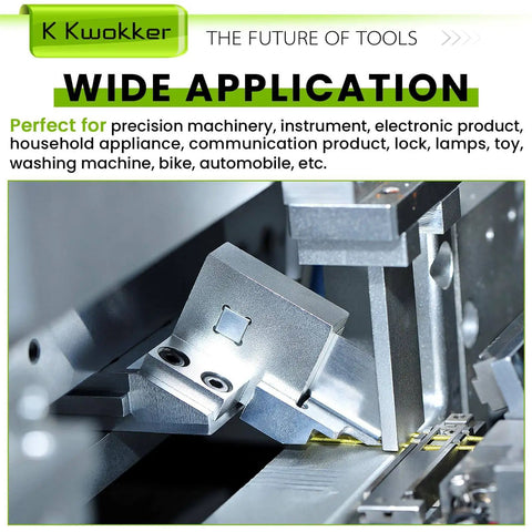 Close-up of machinery part with text highlighting wide application for various products and industries.
