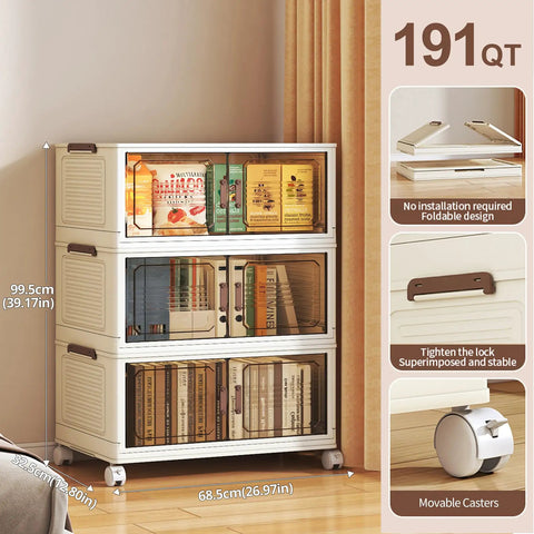 Lockable Stackable Storage Bins On Wheels With Lids 3 Tier Collapsible Plastic Cabinet For Foldable Closet Organization Space Saving