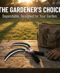 Two Piece Hand Sickle Garden Tool Set No Nonsense Heavy Duty Manganese Steel Weed Cutter on wooden table with gloves and bag
