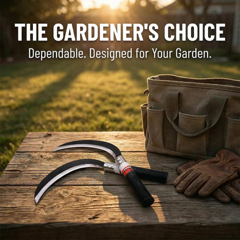 Two Piece Hand Sickle Garden Tool Set No Nonsense Heavy Duty Manganese Steel Weed Cutter on wooden table with gloves and bag