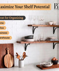 Heavy Duty 10 Inch Black L Shelf Brackets Set Of 4 supporting wooden shelves in kitchen display with dishes and decor.