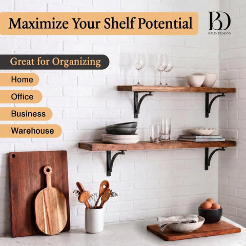 Heavy Duty 10 Inch Black L Shelf Brackets Set Of 4 supporting wooden shelves in kitchen display with dishes and decor.