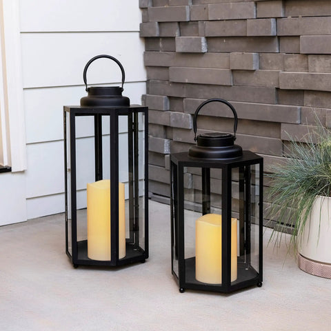 Outdoor Solar Powered Lantern With Flameless Candle 18 Inch Black Metal And Glass Waterproof Hanging Tapered Candle Lamp
