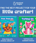 Pom Pom Kit and Tufting Kit in colorful boxes for kids, featuring animal designs and crafting accessories, Educational Insights brand