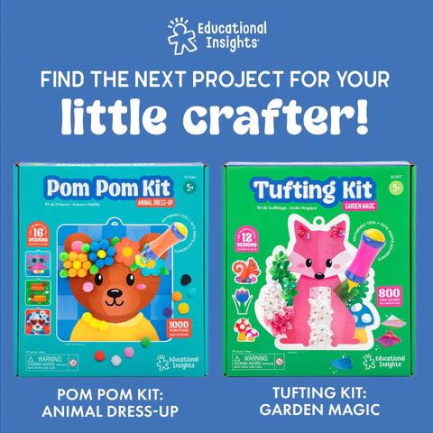 Pom Pom Kit and Tufting Kit in colorful boxes for kids, featuring animal designs and crafting accessories, Educational Insights brand