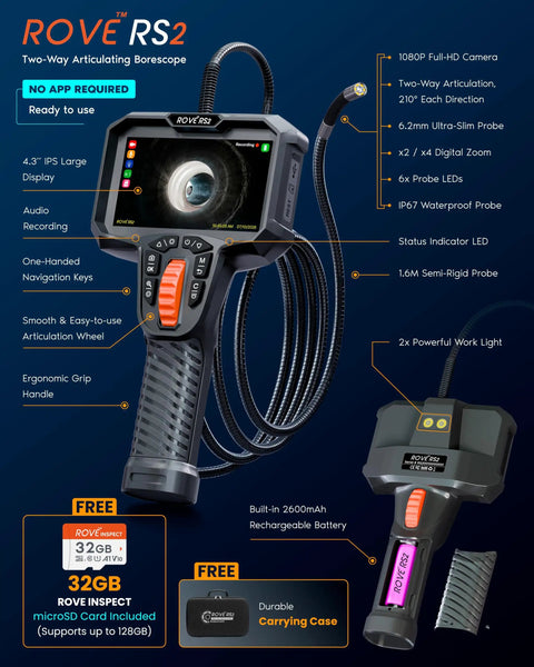 Articulating Borescope Camera With Light For Tight Spaces, 2-Way 210 Degree Flex Probe, Ultra Slim 6.2mm Wand, Hand Controls, Includes 32GB Card, Perfect For Engine, Plumbing, And Machinery Inspections showing handheld display and probe