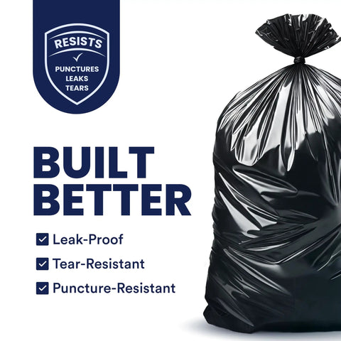 Beefy Heavy Duty 55-60 Gallon Contractor Trash Bags, 1.2 Mil Black Puncture Resistant showing tear-resistant highlights