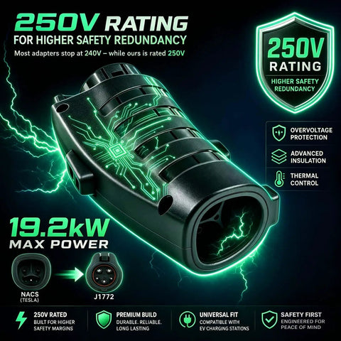 Nacs To J1772 Ev Charging Adapter 80A High Amps 250V Ip 65 Rated Waterproof electric car connector with safety features.