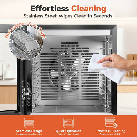 Heavy Duty Electric Food Dehydrator Featuring Ten Stainless Steel Trays And Ten Smart Presets for easy cleaning.