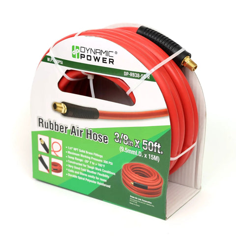 Three Eighths Inch Rubber Air Hose, Fifty Foot, High Pressure Three Hundred PSI, Assembly With One Quarter Inch Male Pipe Thread Fittings