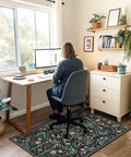 Person working in home office with Green Grass Office Chair Mat For Hardwood And Tile Floors 36 By 48 Inches under desk rug.