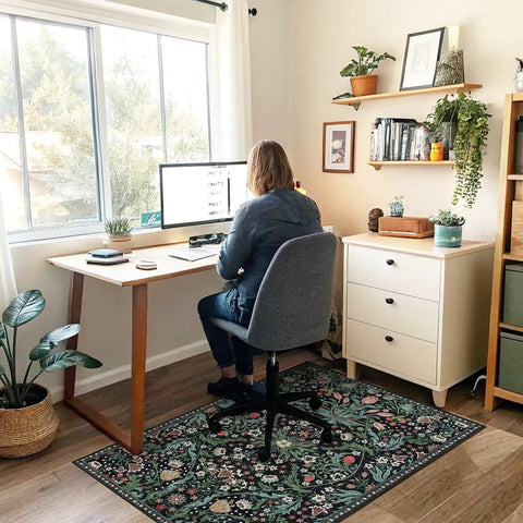 Person working in home office with Green Grass Office Chair Mat For Hardwood And Tile Floors 36 By 48 Inches under desk rug.