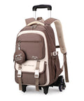Kids Rolling Backpack With Wheels For School, Durable Water Resistant Nylon Trolley Bookbag For Boys And Girls, Brown