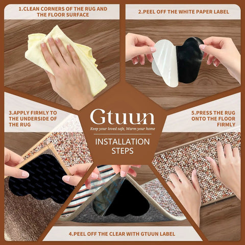 Installation steps for No Slip Rug Grippers Set Dual Sided Adhesive Rug Pad Tape Pads That Keep Corners Flat Reusable Carpet Tape