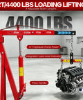 No Sweat 4400 Pound Engine Hoist Cherry Picker With Adjustable Telescopic Boom showing engine lift gauge and hydraulic pump.