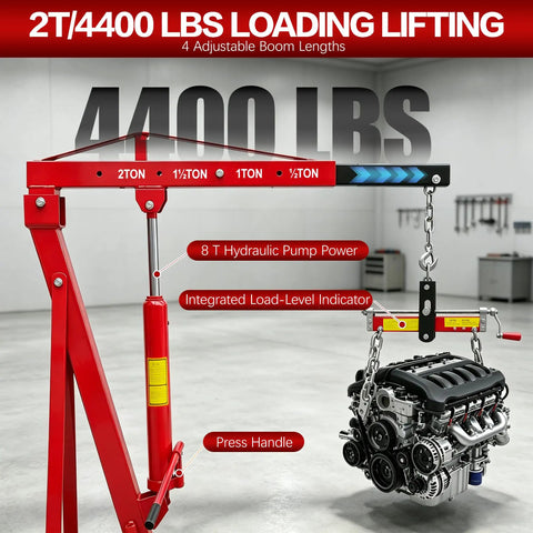No Sweat 4400 Pound Engine Hoist Cherry Picker With Adjustable Telescopic Boom showing engine lift gauge and hydraulic pump.