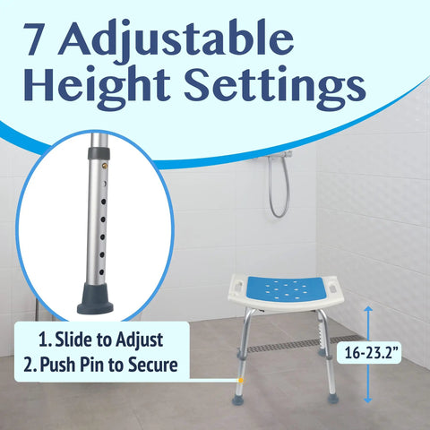 Shower Seat Inside Shower Adjustable Bath Stool With Handles Medical Shower Chair For Seniors Elderly Handicap And Disabled Easy Assembly Sturdy Lightweight Frame Supports Up To 350 Pounds showing height adjustment options.