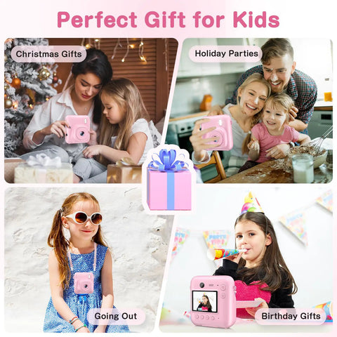 Dual-Lens Instant Print Mini Camera For Kids, 48MP Front And Rear Cameras, Selfie Ready, 1-Second Black And White Print, 32GB Card Included, Pink Portable Photo Printer Toy For Festivals And Travel, shown with kids at parties and outings