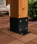 Heavy Duty Black Powder Coated 4 By 4 Post Base Set Of Five For Deck Pavilion Railing Support Bolt Down Inner Size Three Point Six By Three Point Six Inches 14 Gauge Steel Brackets Built For Sturdy Outdoor Use in use on patio