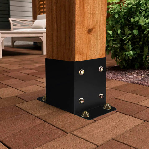 Heavy Duty Black Powder Coated 4 By 4 Post Base Set Of Five For Deck Pavilion Railing Support Bolt Down Inner Size Three Point Six By Three Point Six Inches 14 Gauge Steel Brackets Built For Sturdy Outdoor Use in use on patio