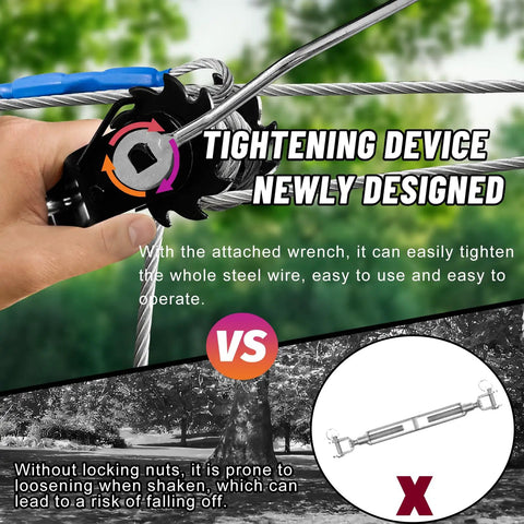 Tightening device for Backyard Zip Line Kit For Kids And Adults Up To 400 Lbs With Heavy Duty Retractors And Disc Seats