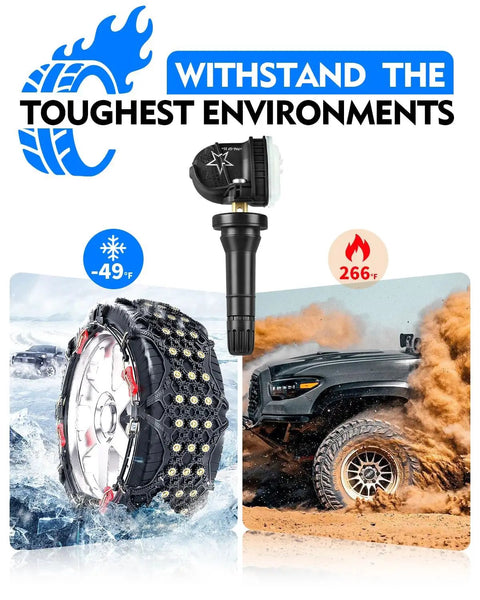 Preprogrammed Tpms Tire Pressure Sensor Replacement For Chevy Malibu Impala Buick Encore Enclave 2006 Through 2020 Plug And Play Swap Get Back Rolling Tight tire sensor displayed with extreme weather background.