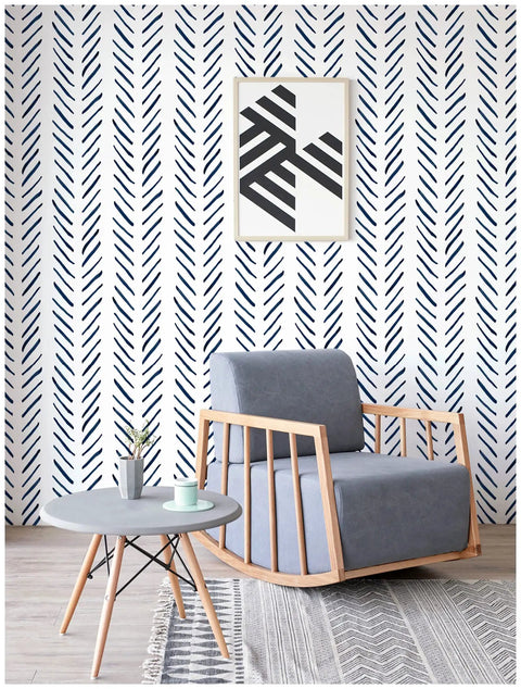 Boho Peel And Stick Wallpaper Stripe Removable Navy And White Chevron Vinyl Contact Paper Mural For Bathroom Decor with chair