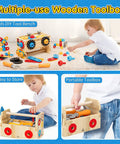 Child playing with Wooden Toddler Tool Set For Tots 2 To 4, Kid-Friendly Pretend Play Tool Box with 29-Piece STEM Learning Construction Toys