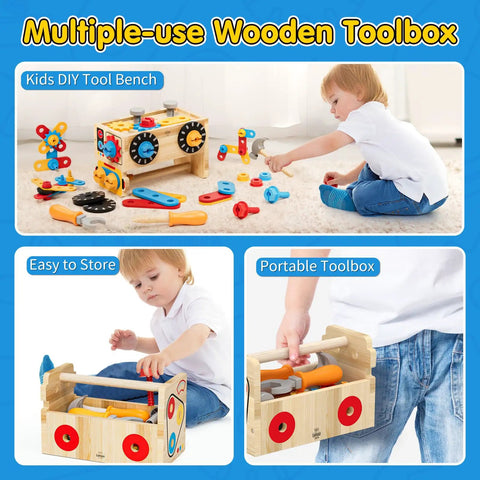 Child playing with Wooden Toddler Tool Set For Tots 2 To 4, Kid-Friendly Pretend Play Tool Box with 29-Piece STEM Learning Construction Toys