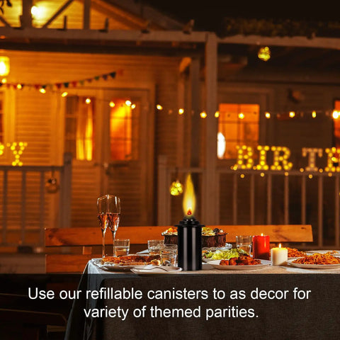 Torch Replacement Canisters For Bamboo Lanterns, Refillable Outdoor Torches on decorated patio table at night party