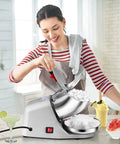 Heavy Duty Electric Ice Shaver And Snow Cone Maker Machine With Killer Blade Adjustments and Solid Ice Pick in kitchen setting.