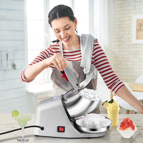 Heavy Duty Electric Ice Shaver And Snow Cone Maker Machine With Killer Blade Adjustments and Solid Ice Pick in kitchen setting.