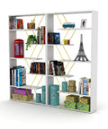 Modern bookshelf with books, decor, and souvenirs on a white frame. Six Tier Wall Corner Storage Shelf For Bedroom - Industrial