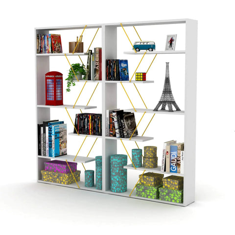 Modern bookshelf with books, decor, and souvenirs on a white frame. Six Tier Wall Corner Storage Shelf For Bedroom - Industrial