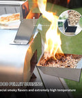 12-Inch Multi-Fuel Outdoor Pizza Oven for Backyard Cooking, Pellet Wood Gas Electric Ready, side view with wood pellets burning